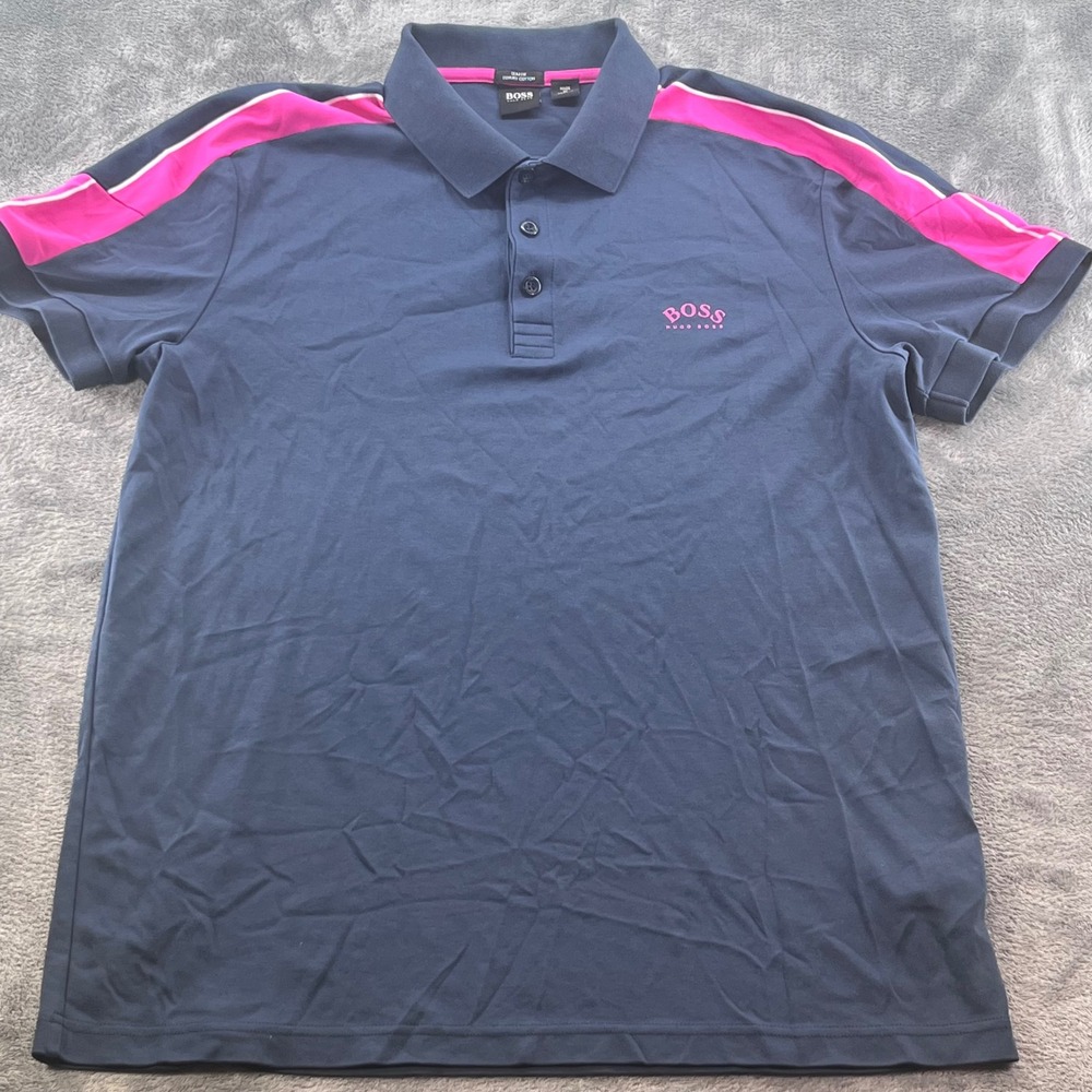 Hugo Boss Mens XXL Slim Fit Luxury Cotton Polo Shirt Navy Blue Pink Stripe